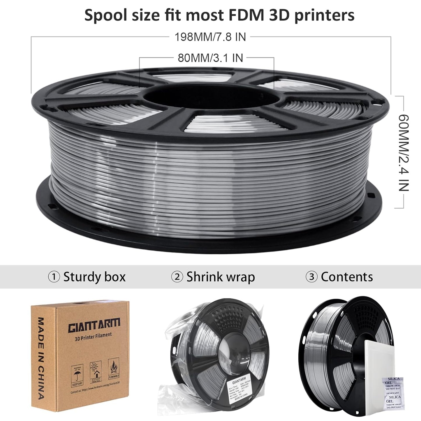 GIANTARM Silk Metallic Silver PLA 3D Printer Filament